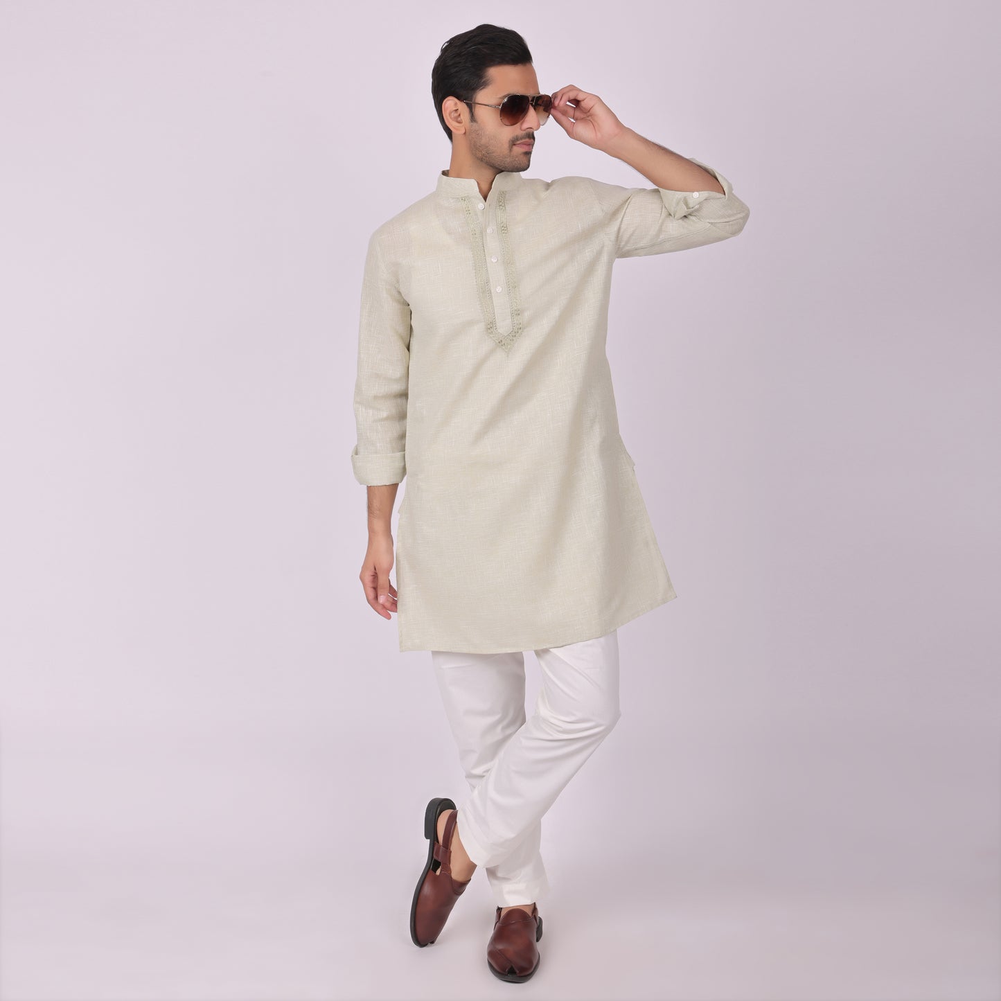 Sea-Mist Tonal Embroidered Kurta