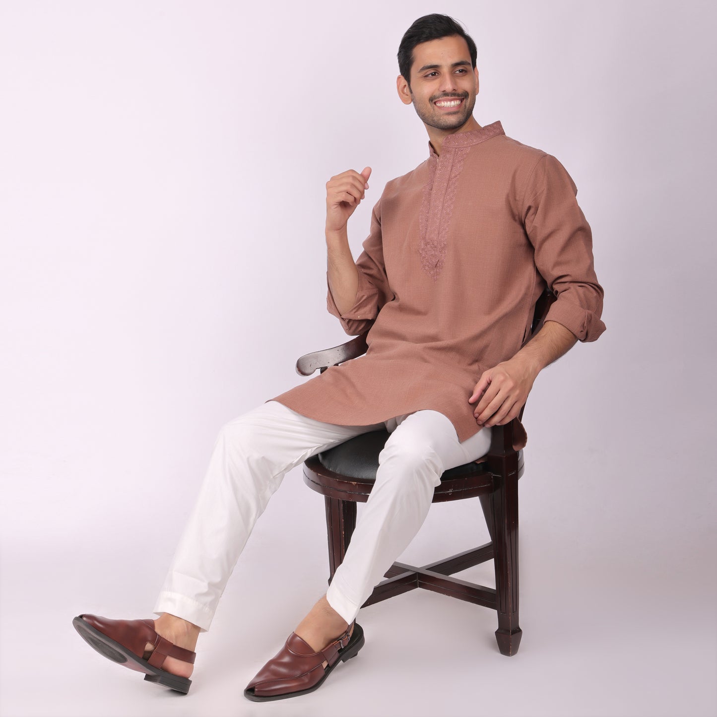 Earthy Brown Festive Kurta with Neck & Placket Embroidery