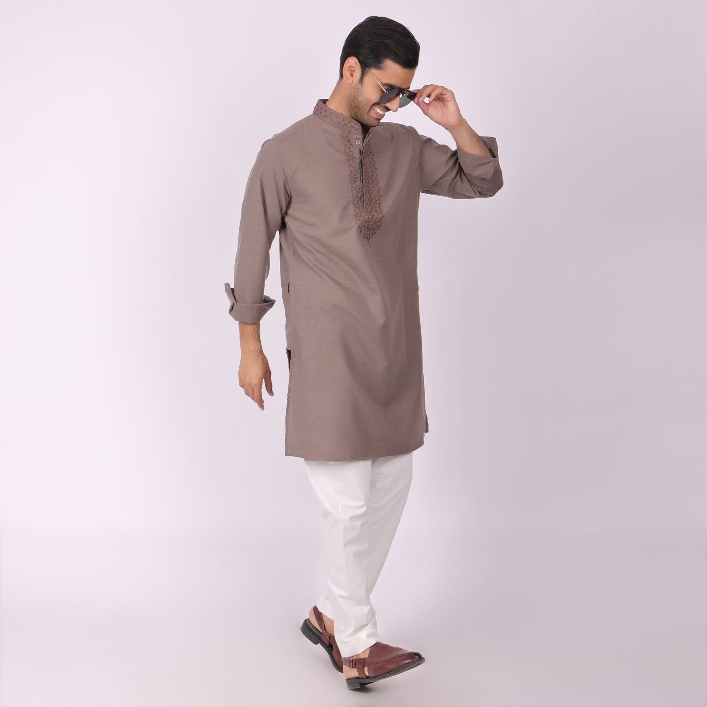 Dark Brown Festive Kurta with Neck & Placket Embroidery