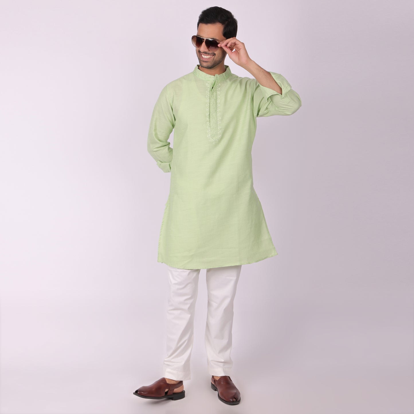 Pista Elegance Light Green Embroidered Festive Kurta
