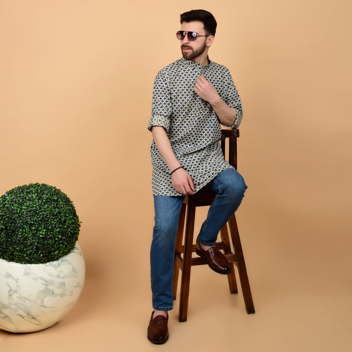 Ecru Bleu Block Printed Kurta