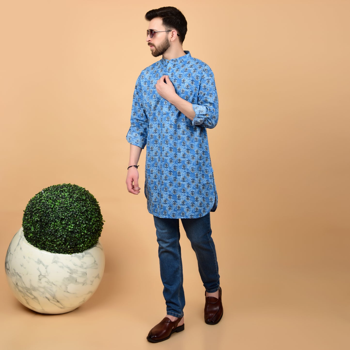 Teal Printed Comfort-Fit Kurta