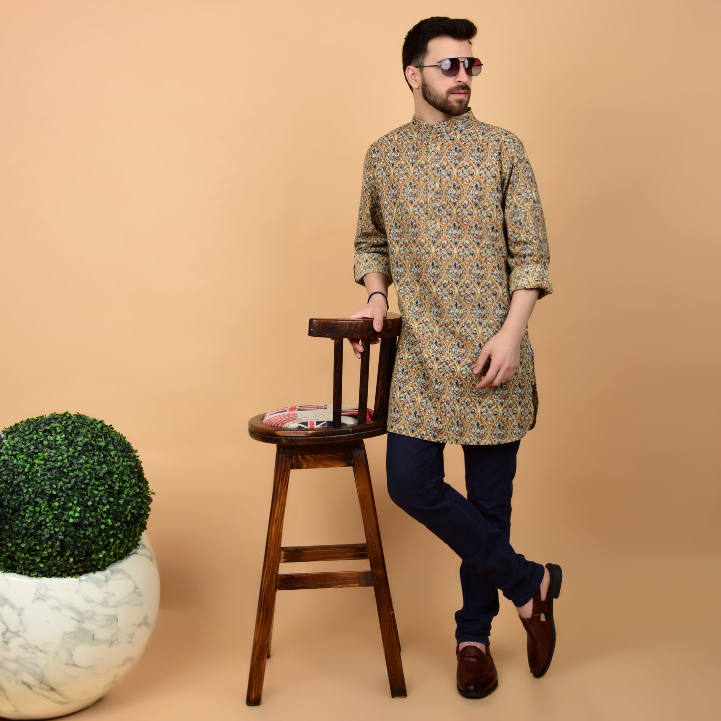 Mustard Kantha Printed Kurta