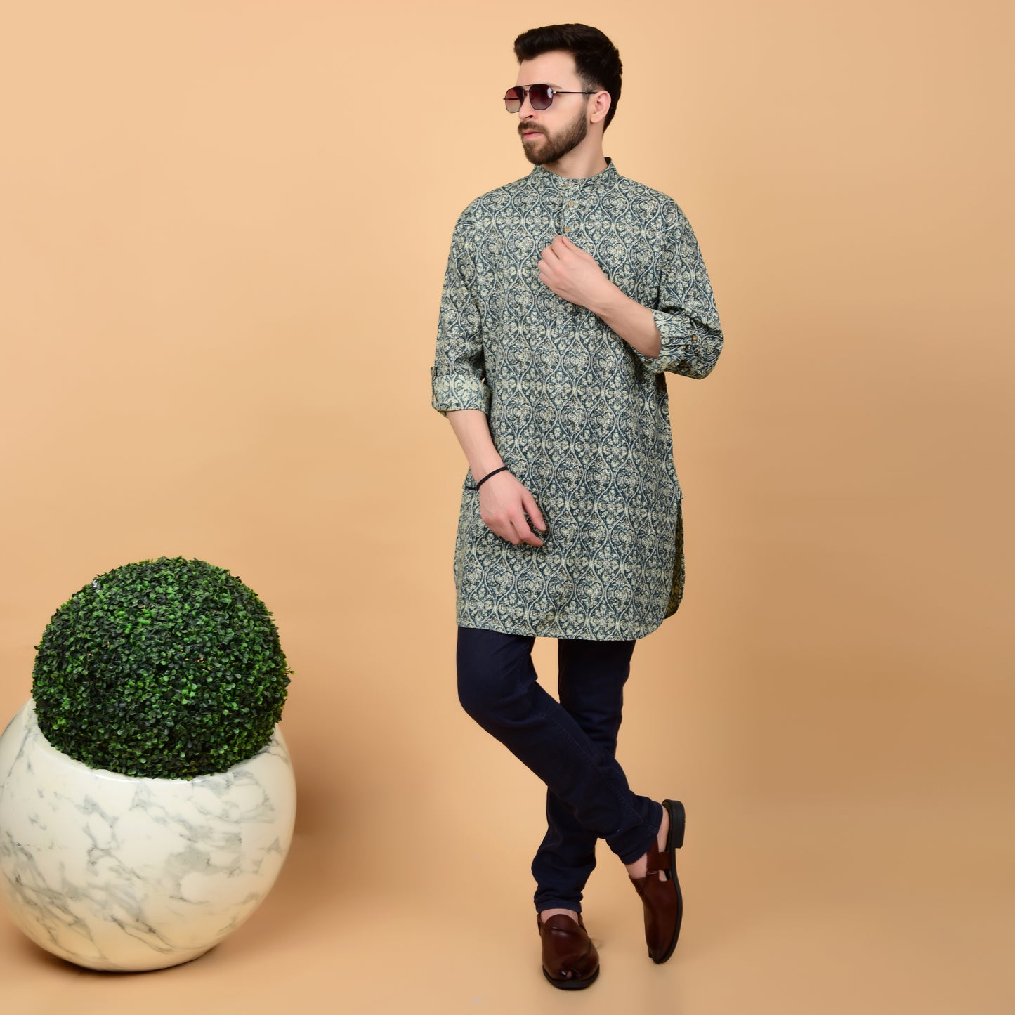 Teal Kantha Printed Kurta
