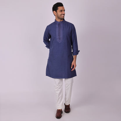 Deep Blue Signature Kurta with Neck & Placket Embroidery