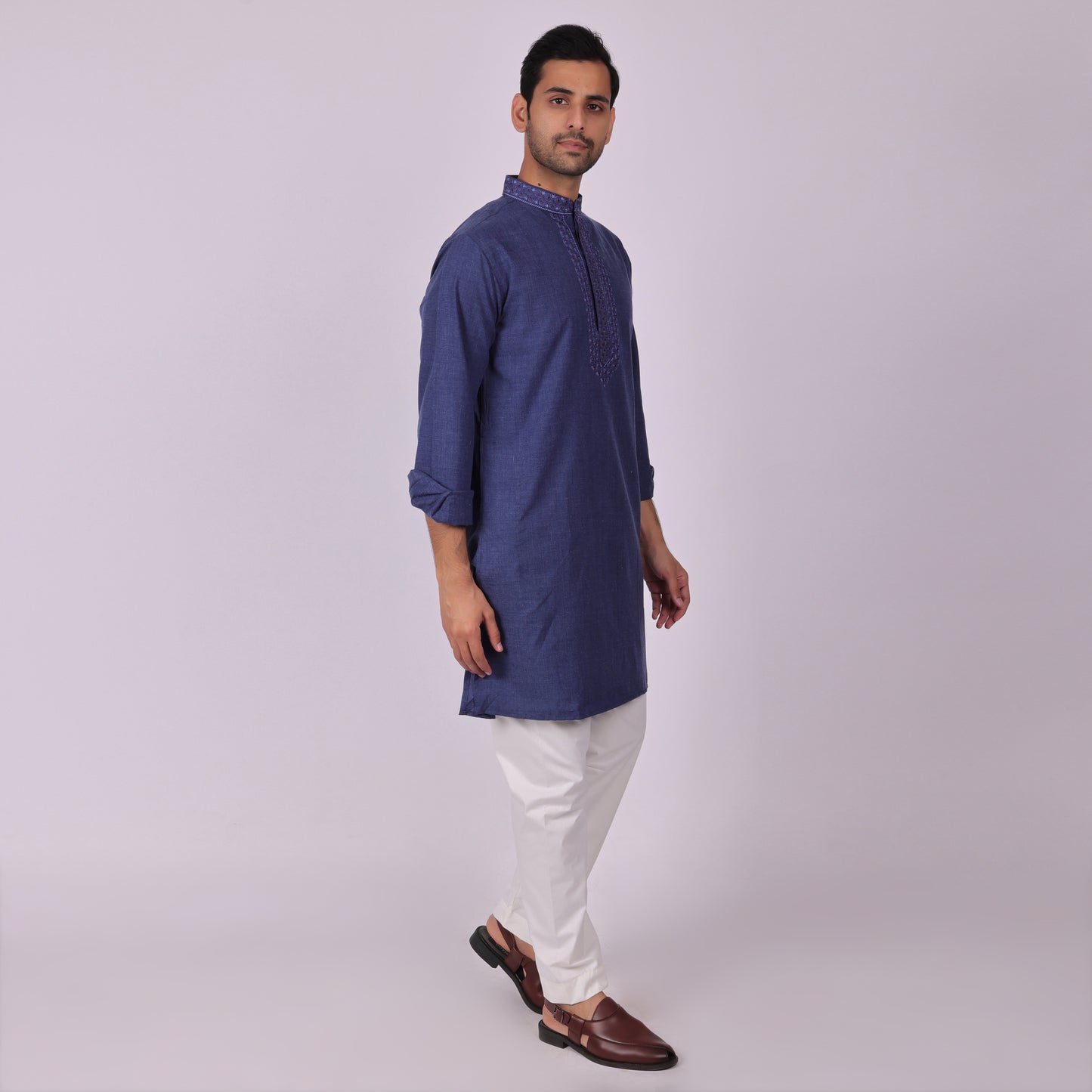 Deep Blue Signature Kurta with Neck & Placket Embroidery