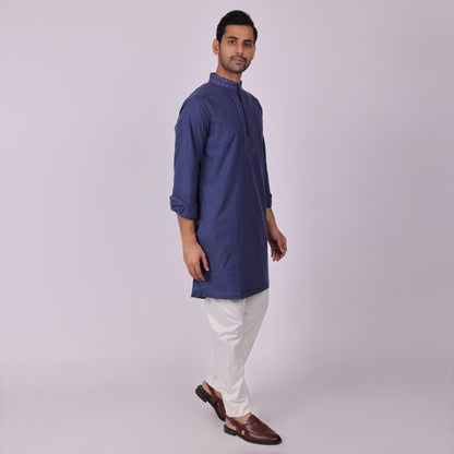 Deep Blue Signature Kurta with Neck & Placket Embroidery
