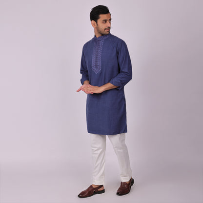 Deep Blue Signature Kurta with Neck & Placket Embroidery