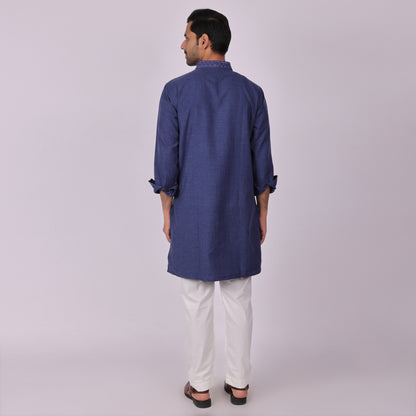 Deep Blue Signature Kurta with Neck & Placket Embroidery