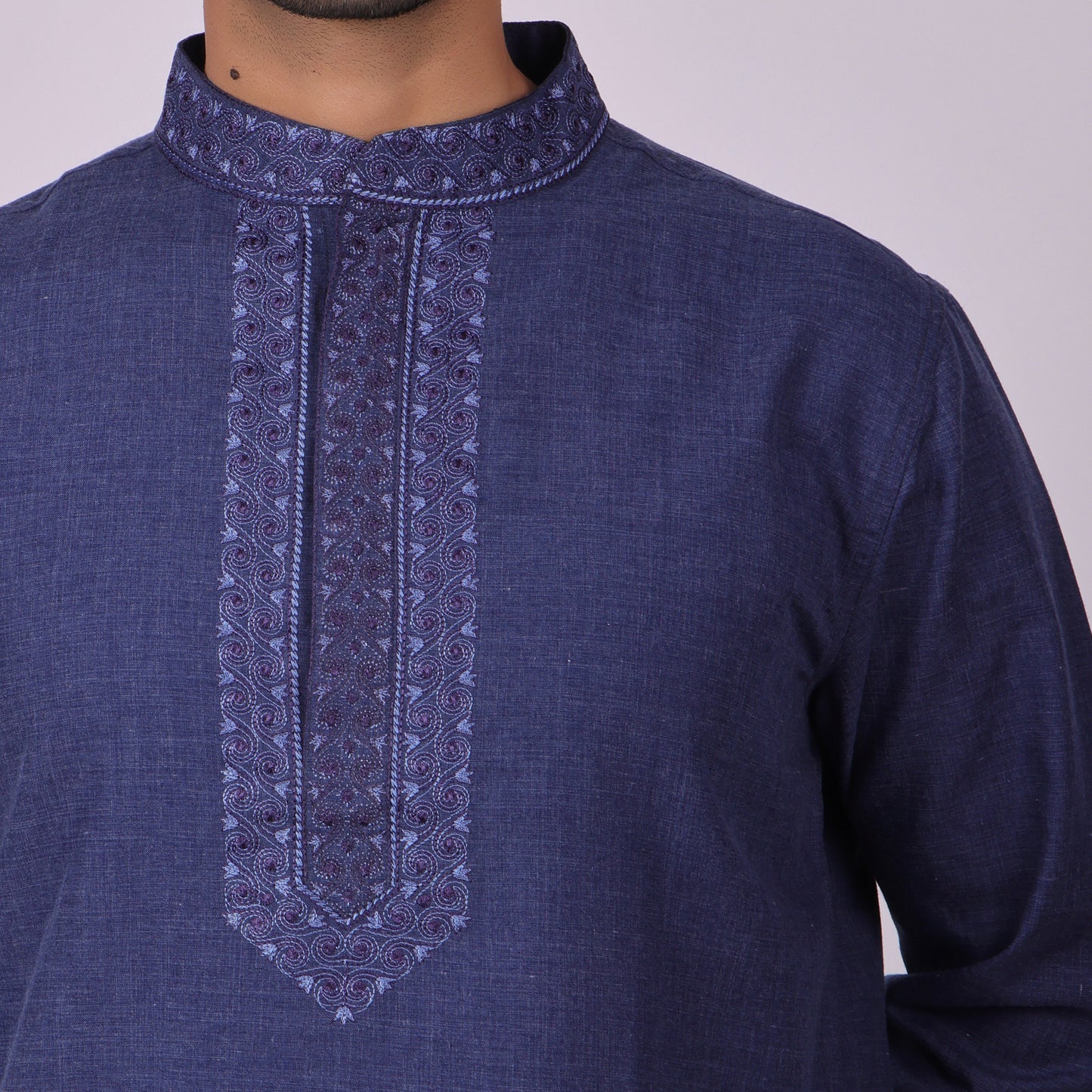 Deep Blue Signature Kurta with Neck & Placket Embroidery