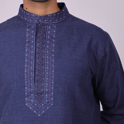 Deep Blue Signature Kurta with Neck & Placket Embroidery