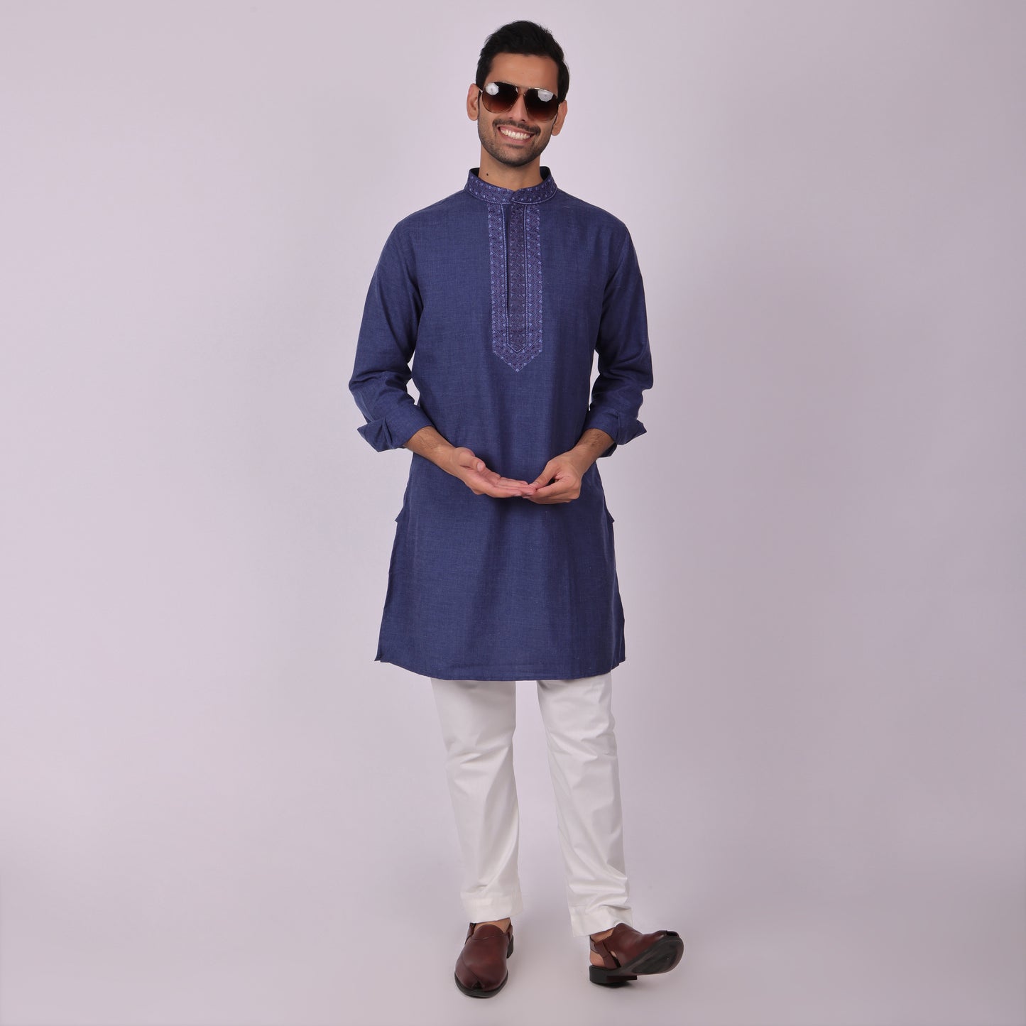 Deep Blue Signature Kurta with Neck & Placket Embroidery