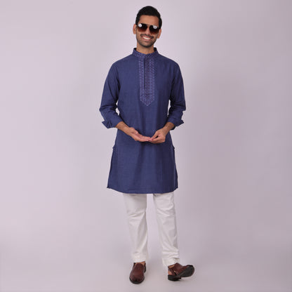 Deep Blue Signature Kurta with Neck & Placket Embroidery