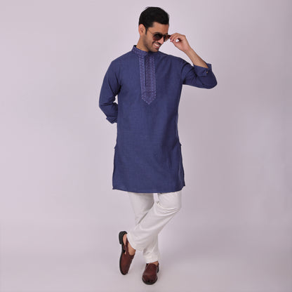 Deep Blue Signature Kurta with Neck & Placket Embroidery
