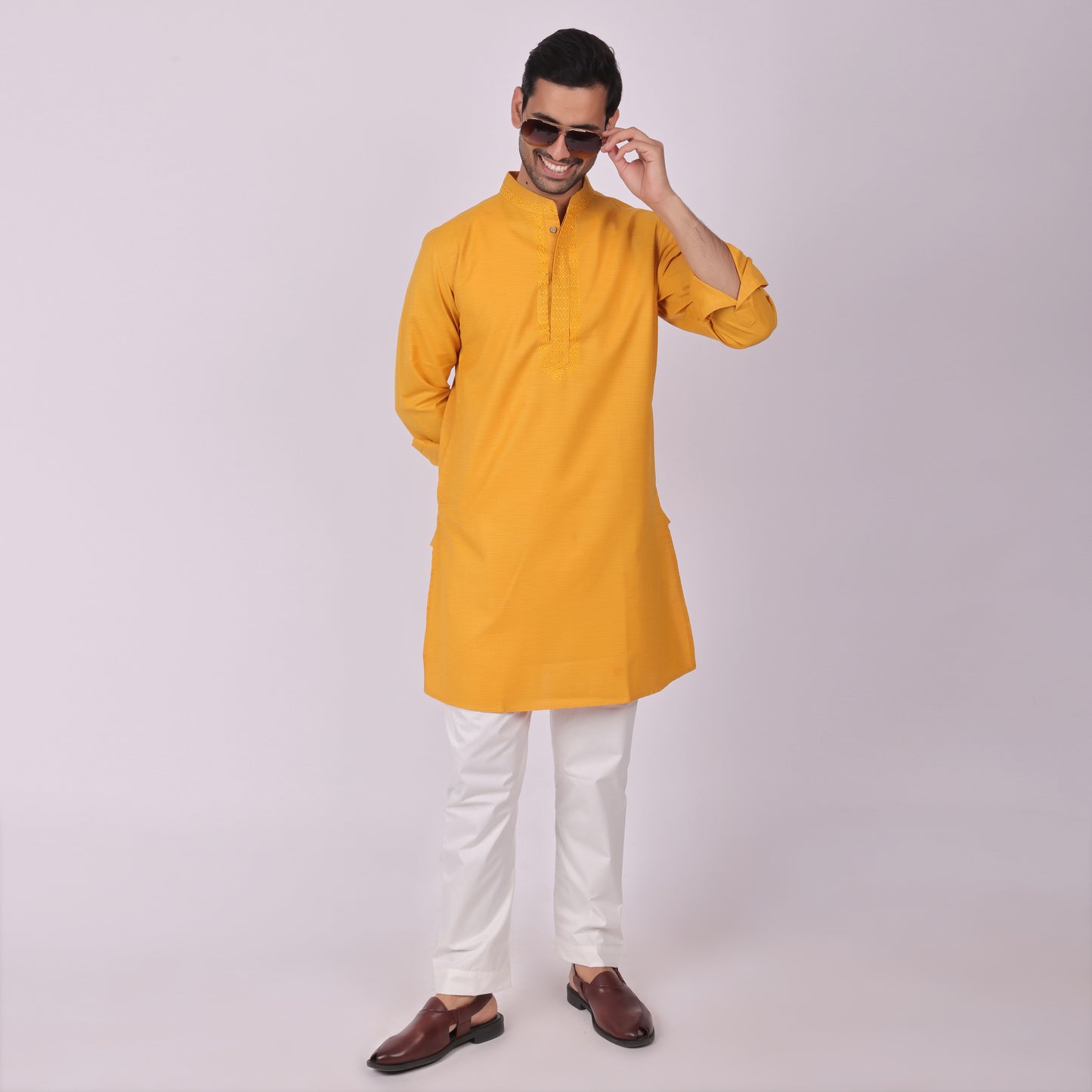 Mustard Festive Kurta with Neck Detailing