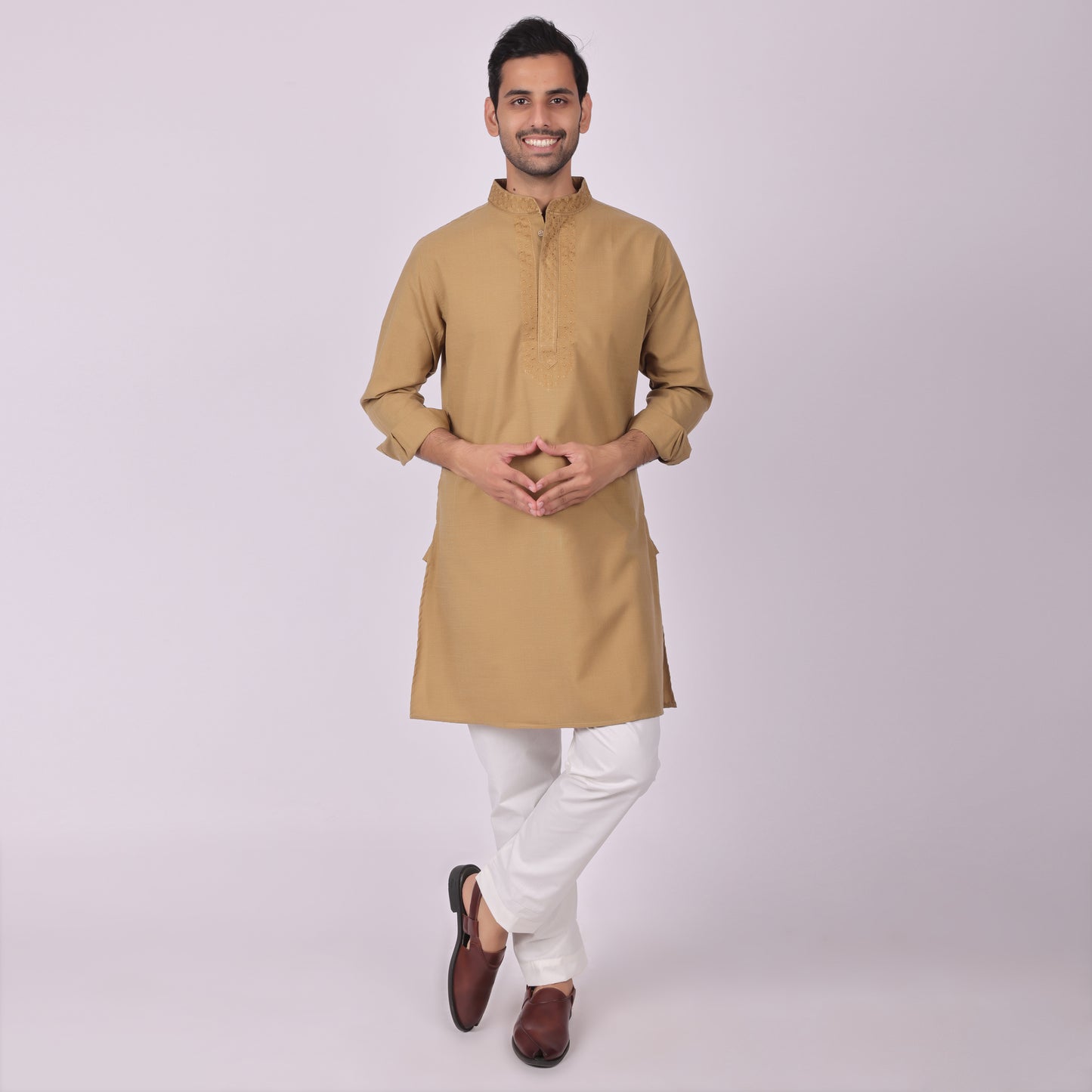 Mehendi Brown Festive Kurta with Neck & Placket Embroidery
