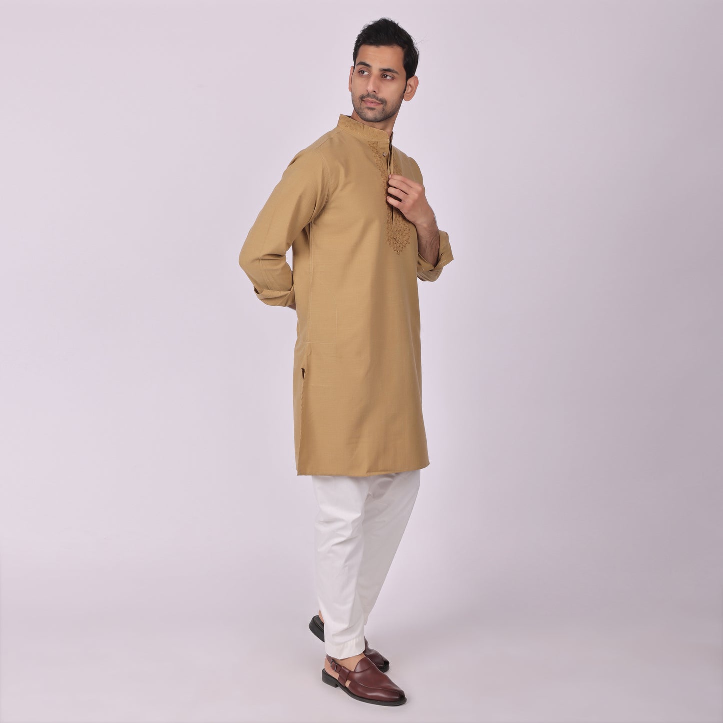 Mehendi Brown Festive Kurta with Neck & Placket Embroidery
