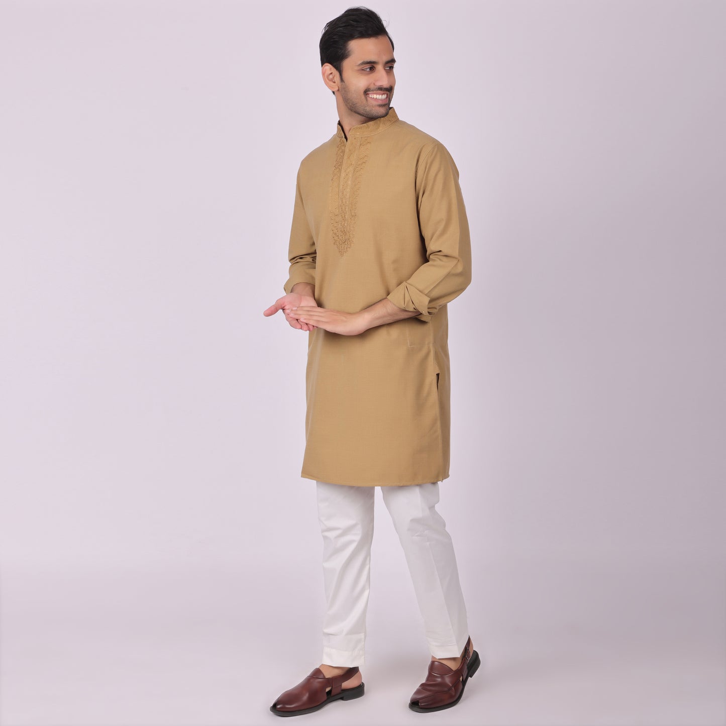 Mehendi Brown Festive Kurta with Neck & Placket Embroidery