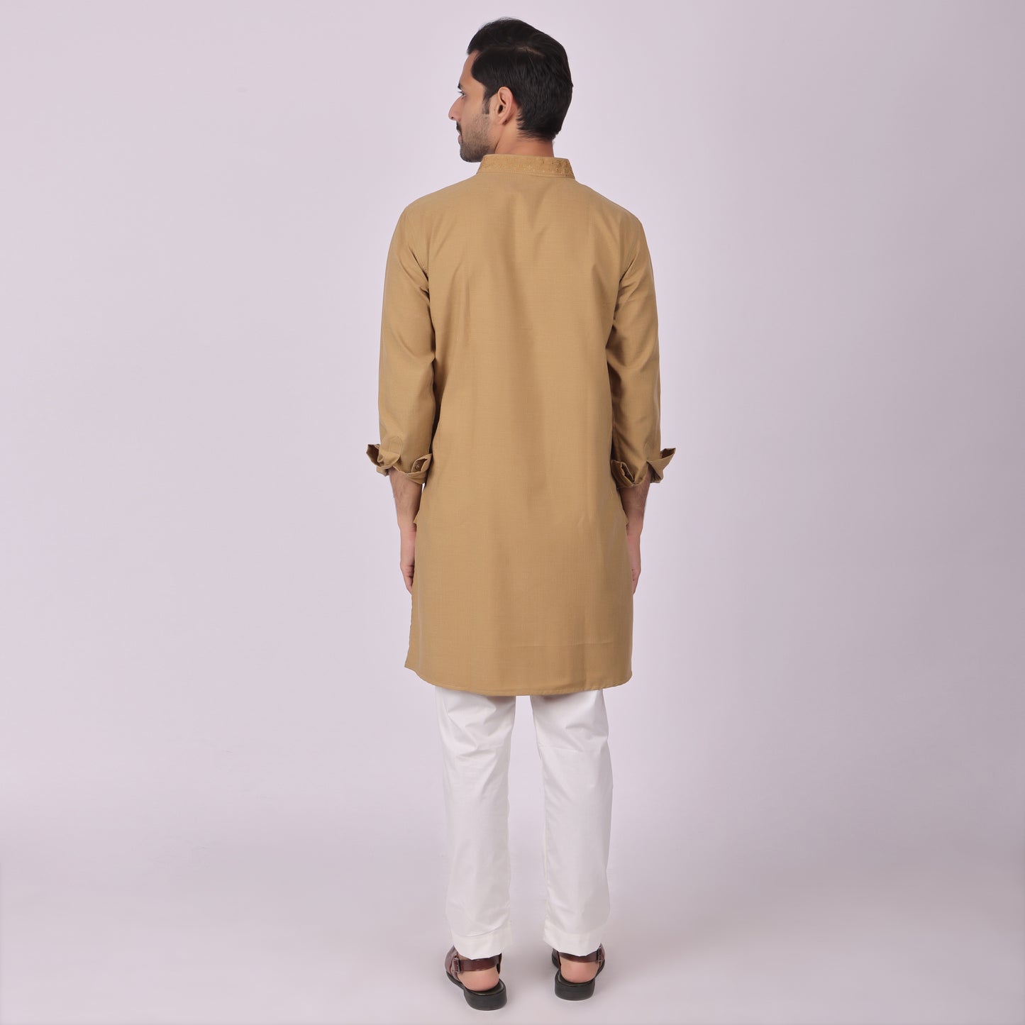 Mehendi Brown Festive Kurta with Neck & Placket Embroidery