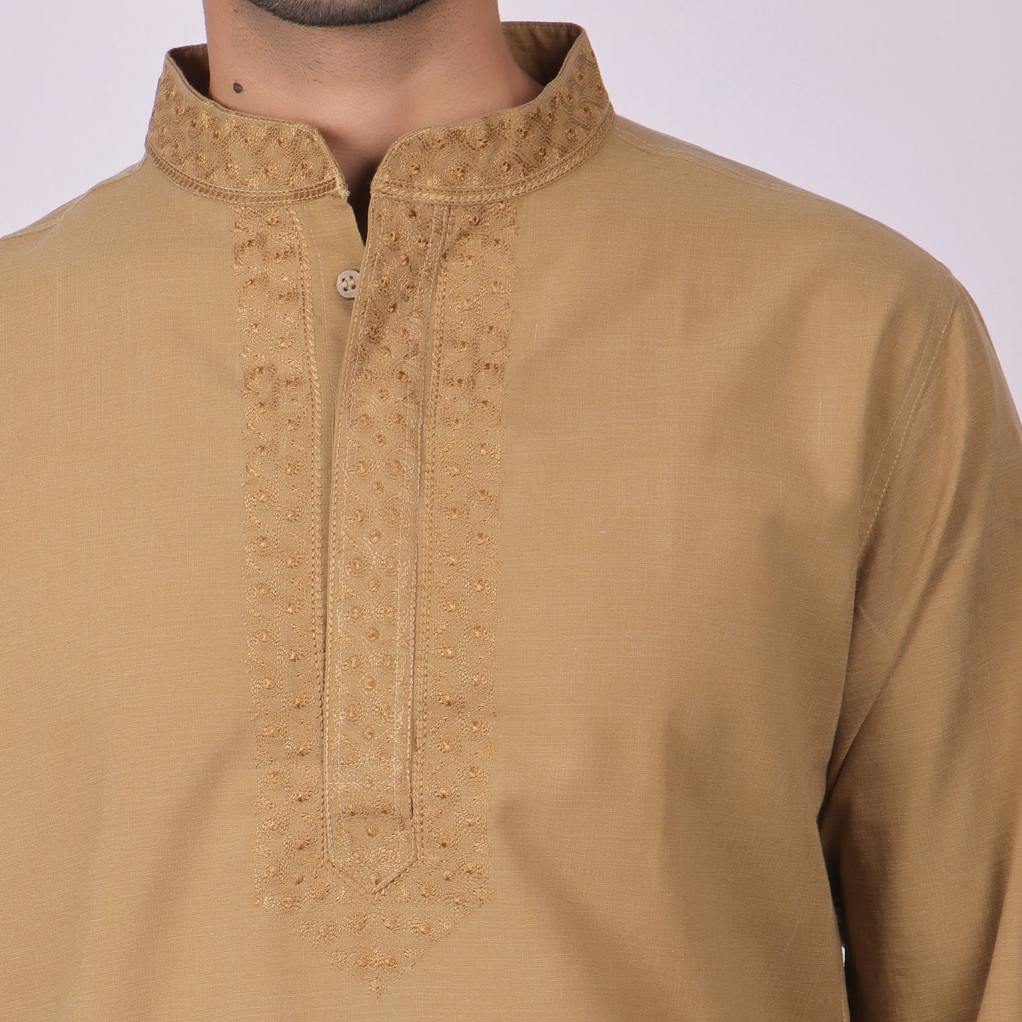 Mehendi Brown Festive Kurta with Neck & Placket Embroidery