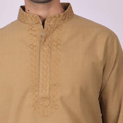 Mehendi Brown Festive Kurta with Neck & Placket Embroidery