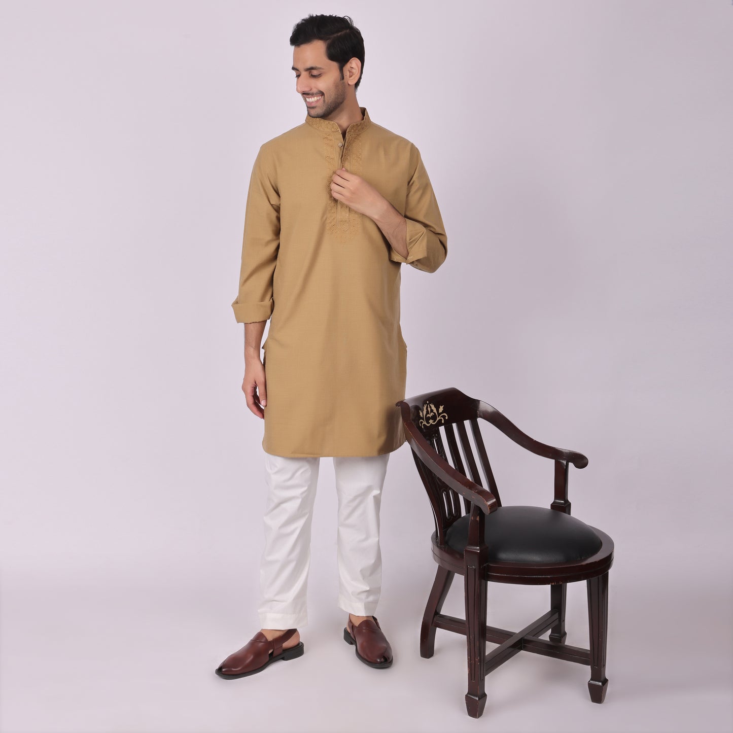 Mehendi Brown Festive Kurta with Neck & Placket Embroidery