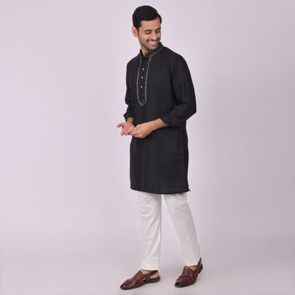 Midnight Black Kurta with Silver Detailing