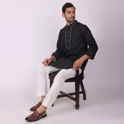 Midnight Black Kurta with Silver Detailing