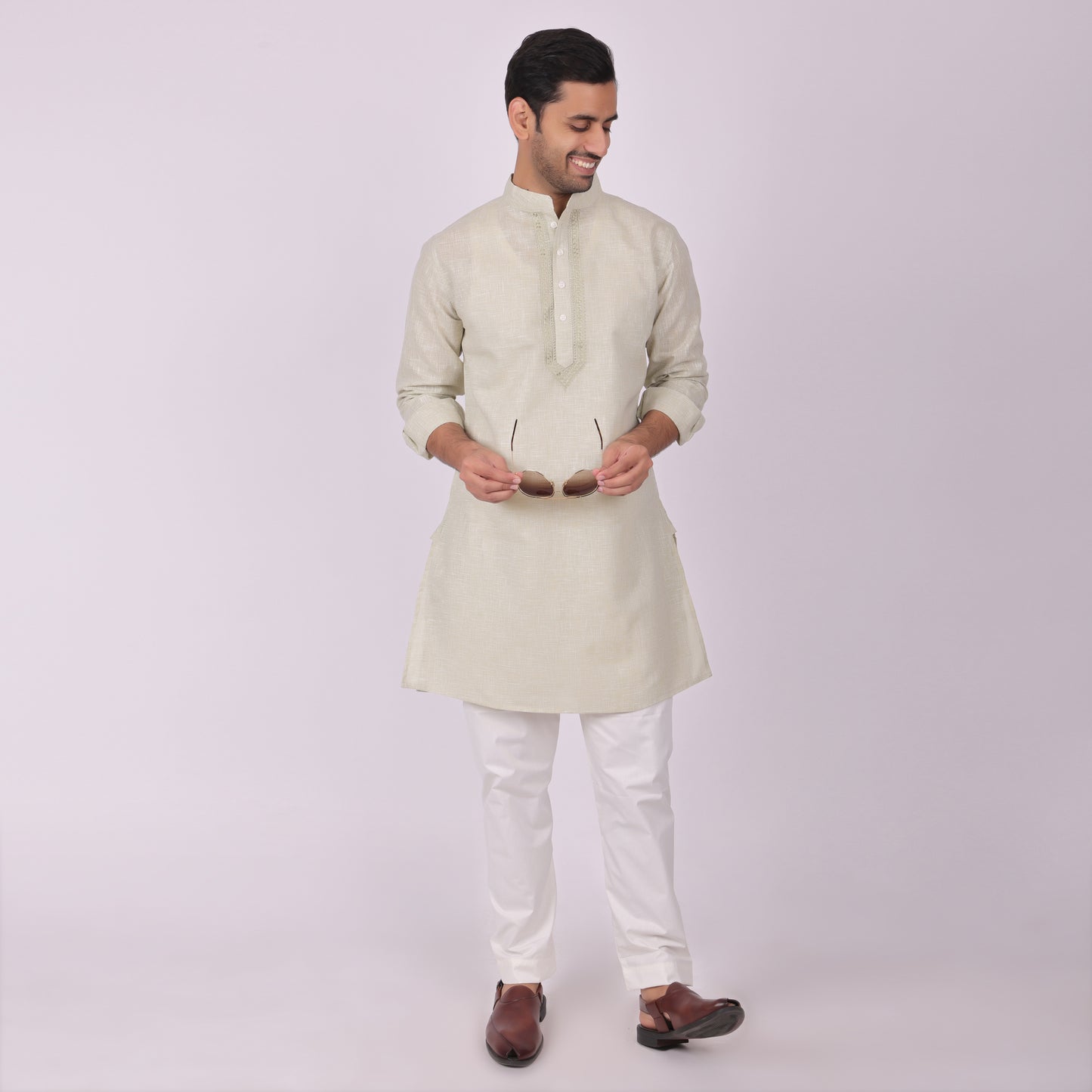 Sea-Mist Tonal Embroidered Kurta