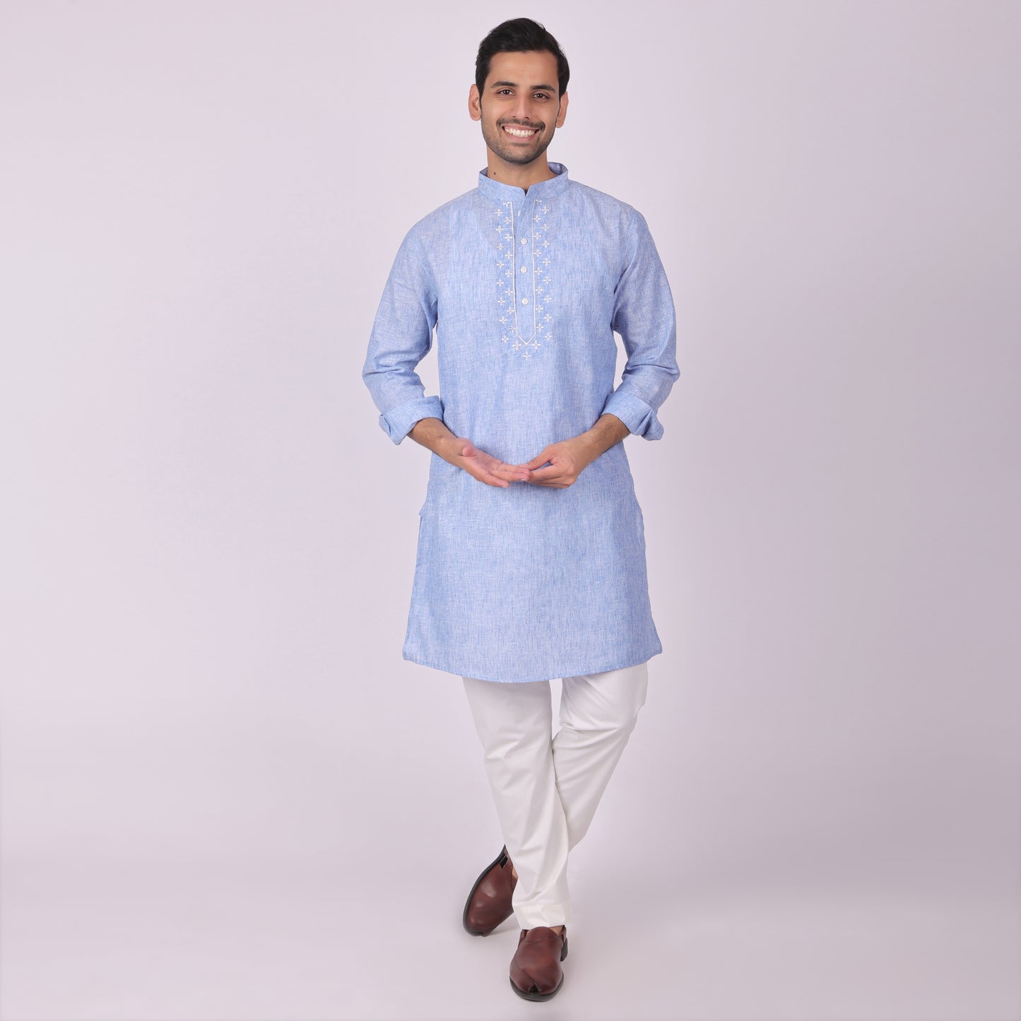 Blue Embroidered Kurta with Tonal Threadwork