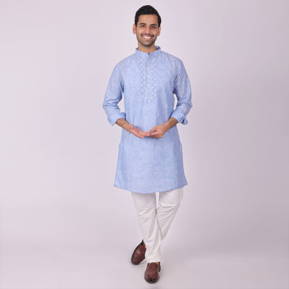 Blue Embroidered Kurta with Tonal Threadwork