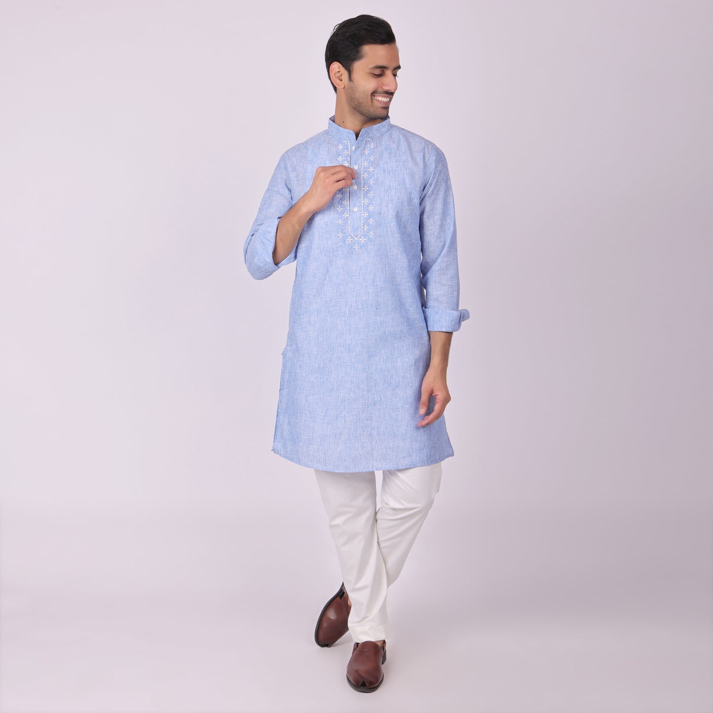 Blue Embroidered Kurta with Tonal Threadwork