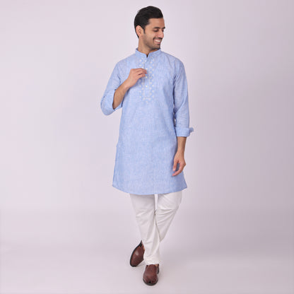 Blue Embroidered Kurta with Tonal Threadwork