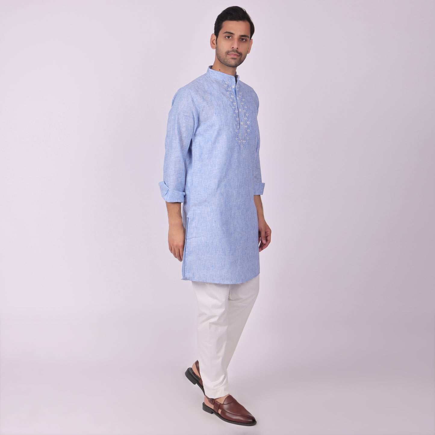 Blue Embroidered Kurta with Tonal Threadwork