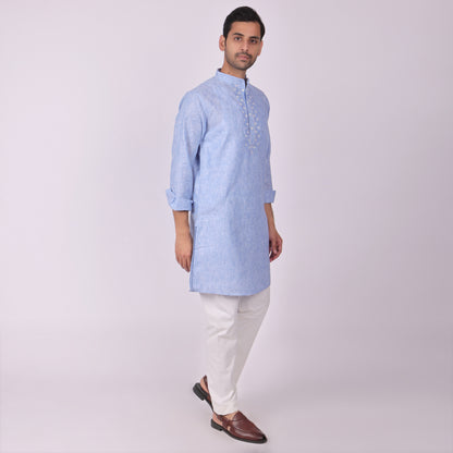 Blue Embroidered Kurta with Tonal Threadwork
