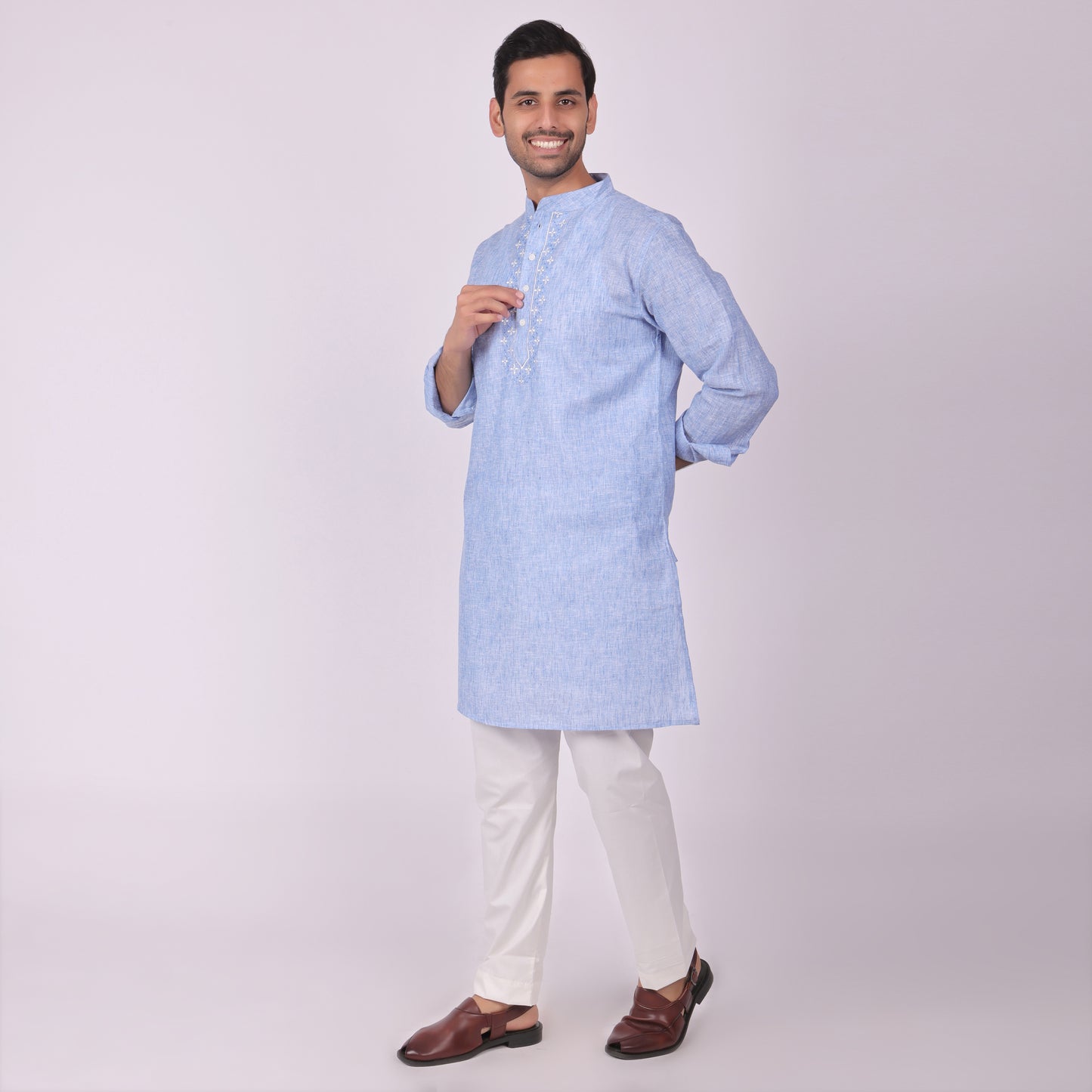 Blue Embroidered Kurta with Tonal Threadwork