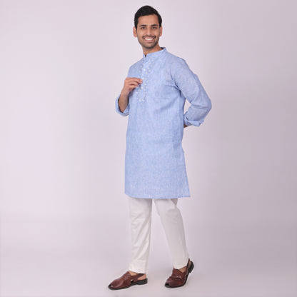 Blue Embroidered Kurta with Tonal Threadwork
