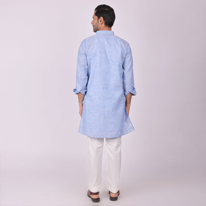 Blue Embroidered Kurta with Tonal Threadwork