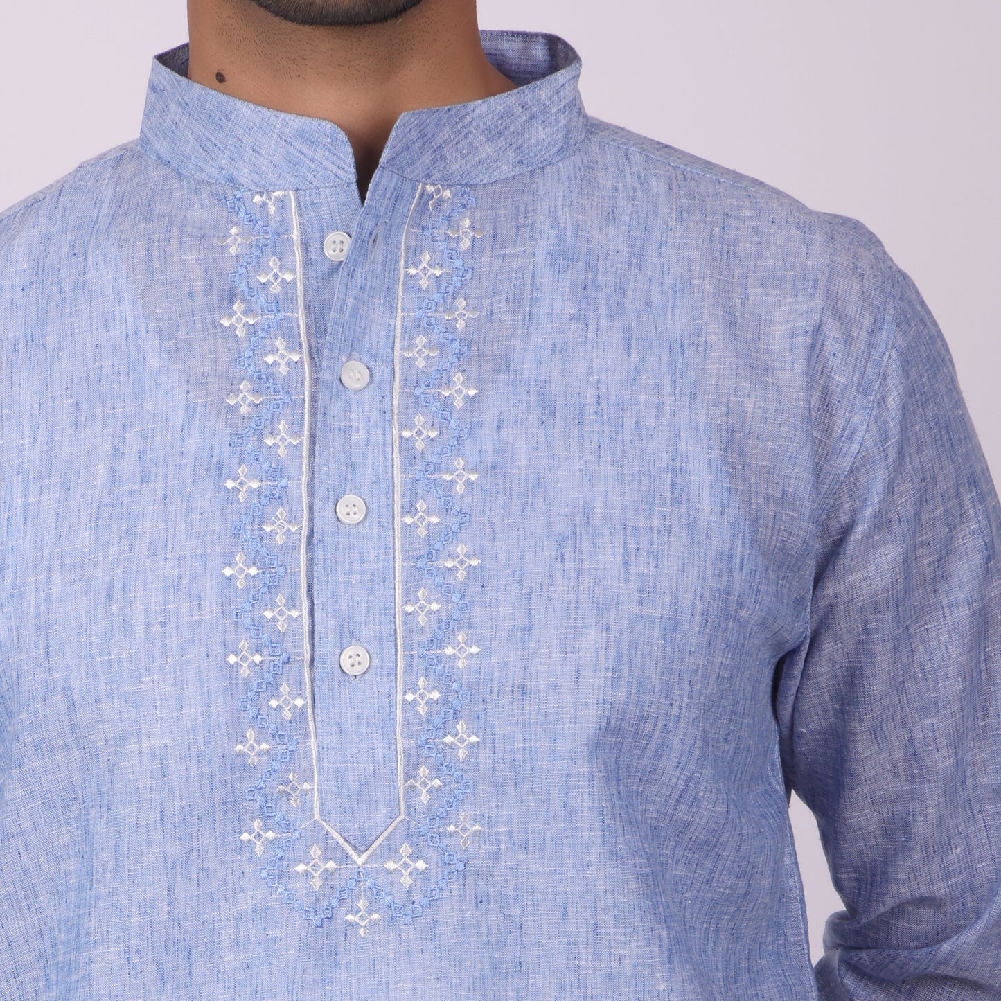 Blue Embroidered Kurta with Tonal Threadwork