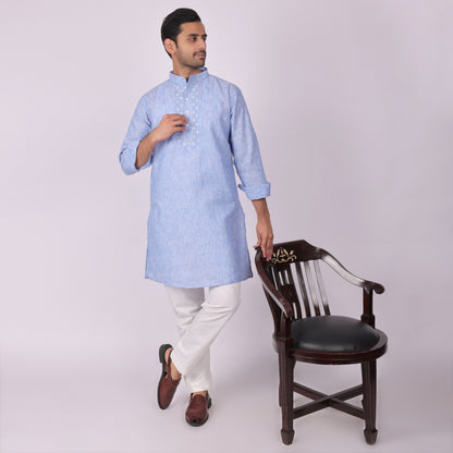 Blue Embroidered Kurta with Tonal Threadwork