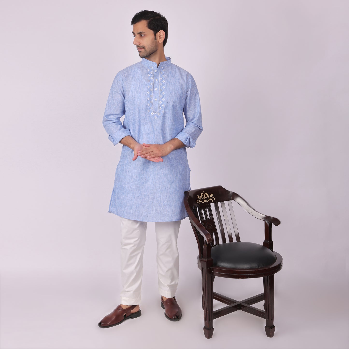 Blue Embroidered Kurta with Tonal Threadwork