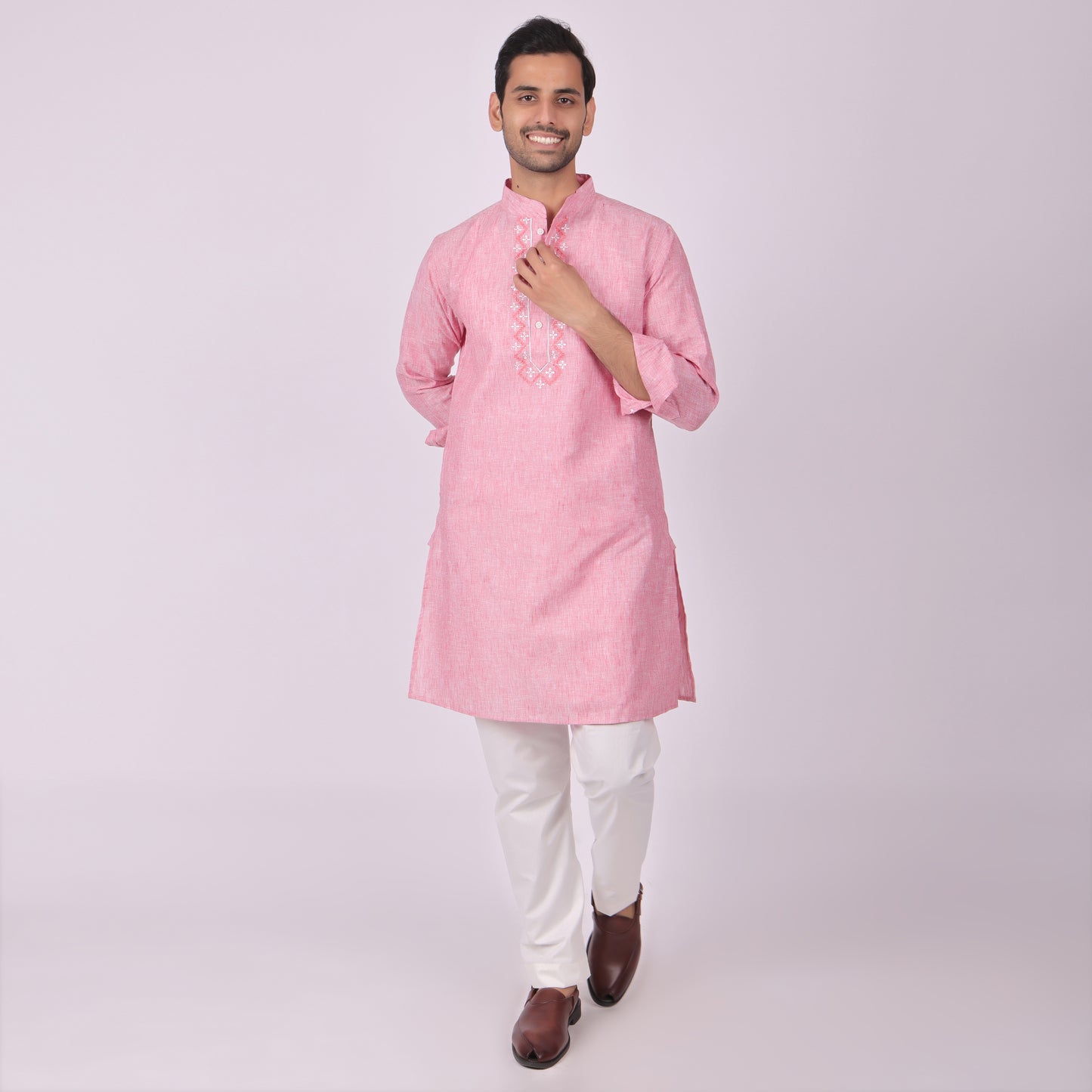 Rose Pink Embroidered Kurta with Tonal Threadwork