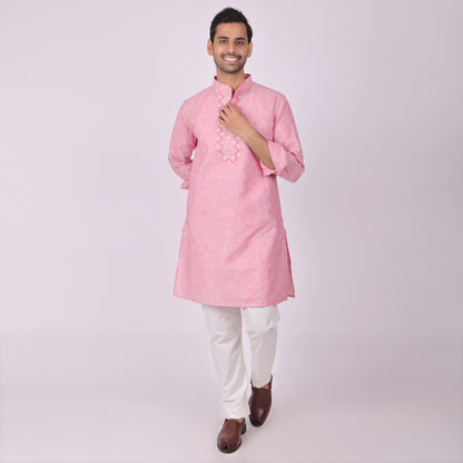 Rose Pink Embroidered Kurta with Tonal Threadwork