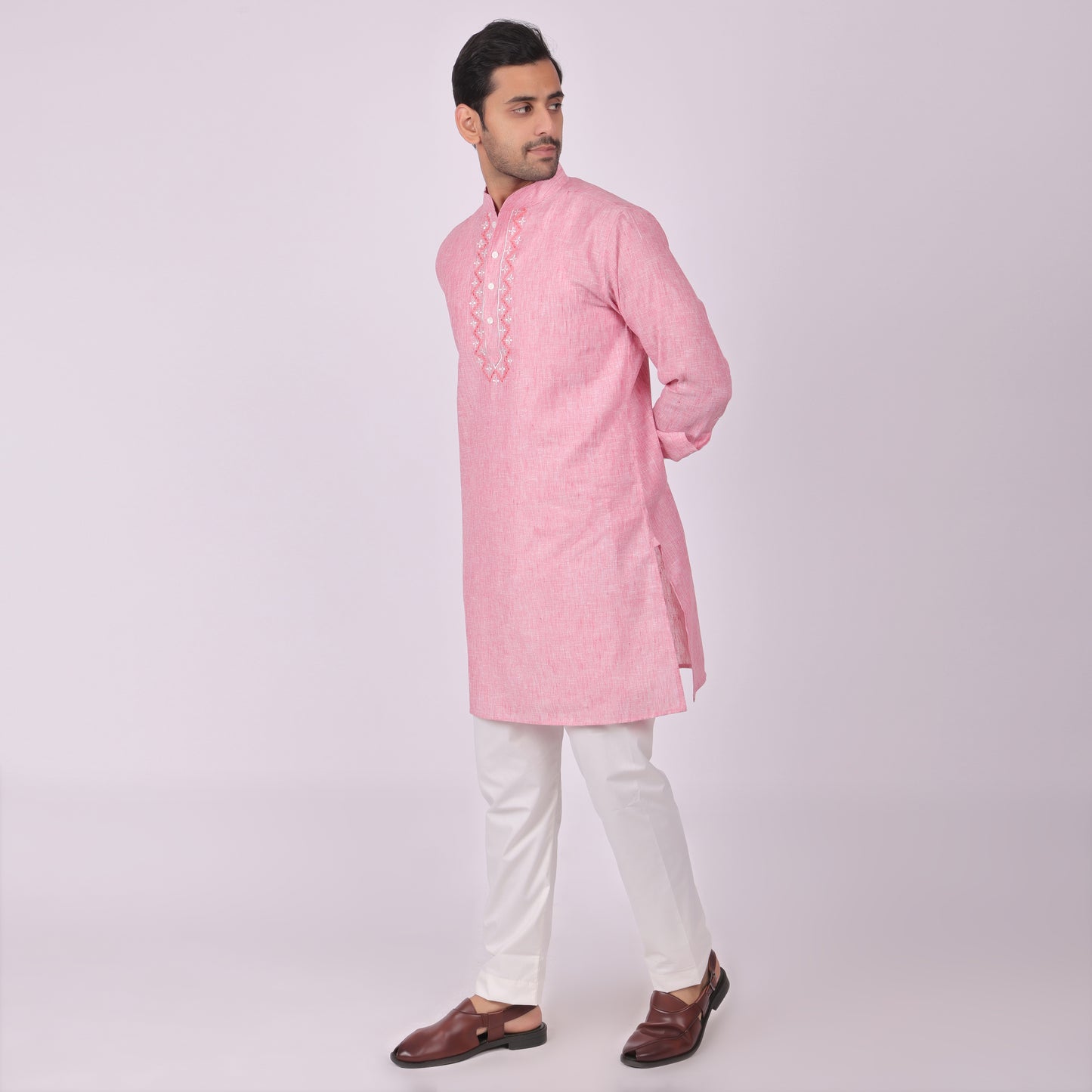 Rose Pink Embroidered Kurta with Tonal Threadwork