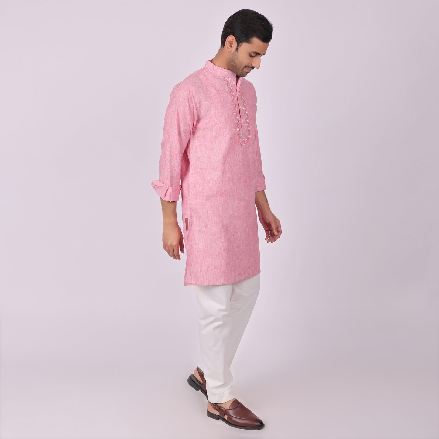 Rose Pink Embroidered Kurta with Tonal Threadwork