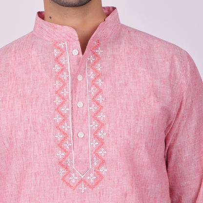 Rose Pink Embroidered Kurta with Tonal Threadwork