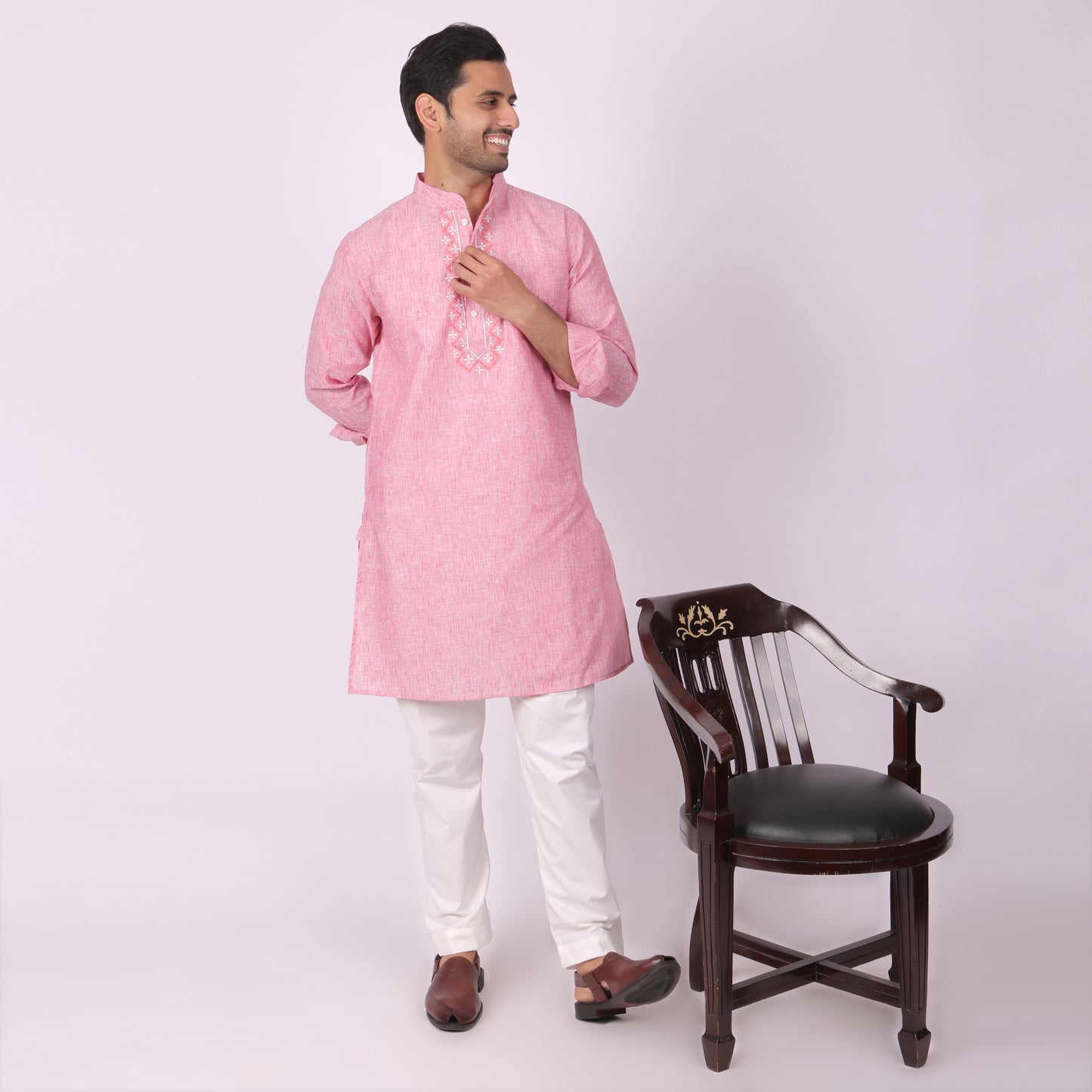 Rose Pink Embroidered Kurta with Tonal Threadwork