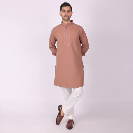 Earthy Brown Festive Kurta with Neck & Placket Embroidery