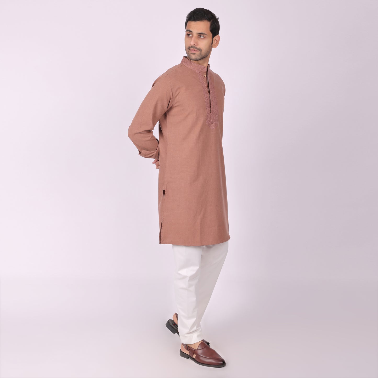 Earthy Brown Festive Kurta with Neck & Placket Embroidery