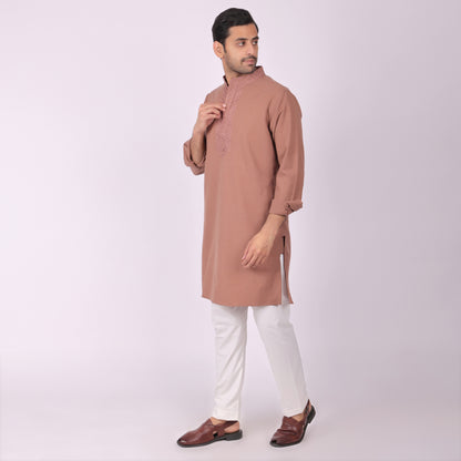 Earthy Brown Festive Kurta with Neck & Placket Embroidery